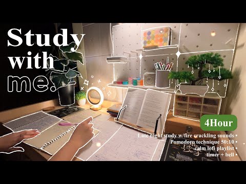 4-HOUR📖Study With Me • Fire Crackling🕯️+ Lofi bgm • Pomodoro 50-10 • Day141🪴