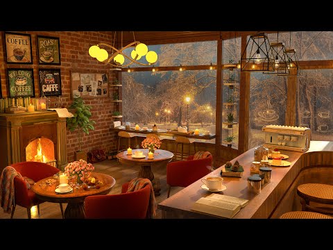 4K Warm Fireplace & Rain on Window Ambience in Cozy Coffee Shop - Jazz Music for Study & Relax