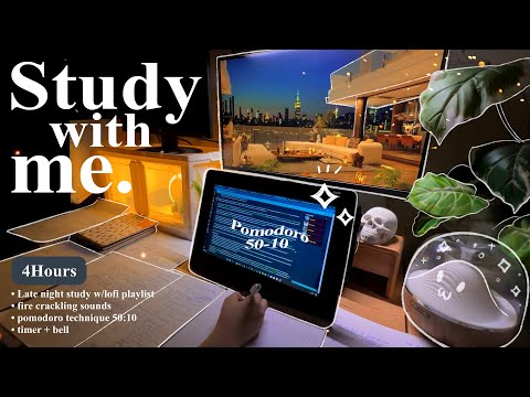 4-HOUR🗼Study With Me • Fire Crackling🕯️+ Lofi bgm • Pomodoro 50-10 • Day148🌃