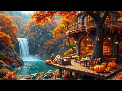 Cozy Autumn Jazz Music - Gentle Coffee Shop Ambience in the Forest Next to the Waterfall