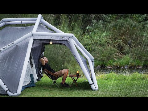 RAIN and STORM Camping in a crazy Tent [ SOLO Relaxing next to a Creek, ASMR ]