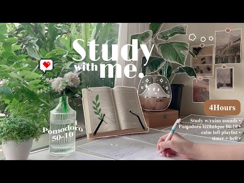 4-HOUR🌿Study With Me • Rain sounds☔+ Lofi bgm • Pomodoro 50-10 • Day164🪴