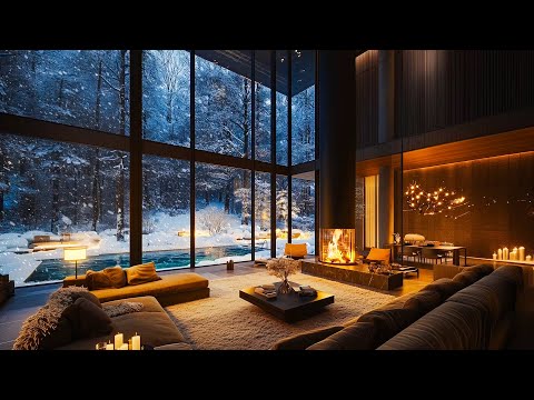 Luxurious Winter Escape: Snowfall & Ambient Music, Cozy Home with Pool and Fireplace