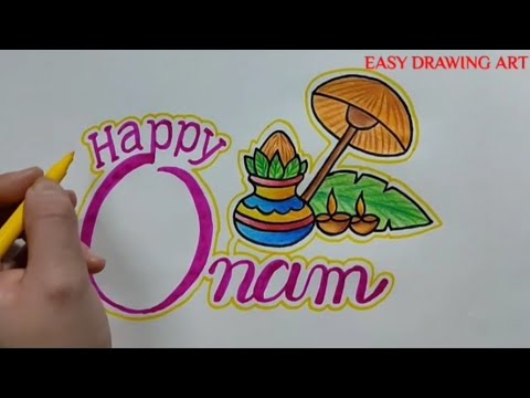 how to make handmade onam greeting card drawing | how to make onam poster | happy onam calligraphy