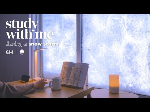 4-HOUR STUDY WITH ME ❄️ in a SNOW STORM / Pomodoro 50-10 / Snowy Day Fireplace Sound [ambient ver.]