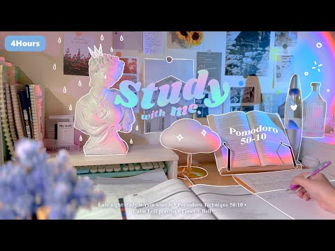 4-HOUR ☔ Late Night Study With Me • Rain sounds🌧️ + Lofi bgm • Pomodoro 50-10 • Day187🌷