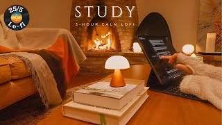 3-Hour Lofi Study With Me by the Fireplace 🔥| Focus, Pomodoro Timer 25-5 & Relaxing Background Music