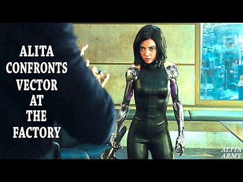 Alita confronts Vector at the factory in the 2019 film Alita: Battle Angel