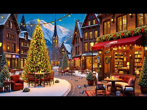 Warm Holiday Jazz - Snowy Night at a Cozy Street Coffee Shop in Festive Winter Town