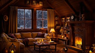 Smooth Winter Jazz Music for Stress Relief ❄ Cozy Cabin with Snowfall & Crackling Fireplace