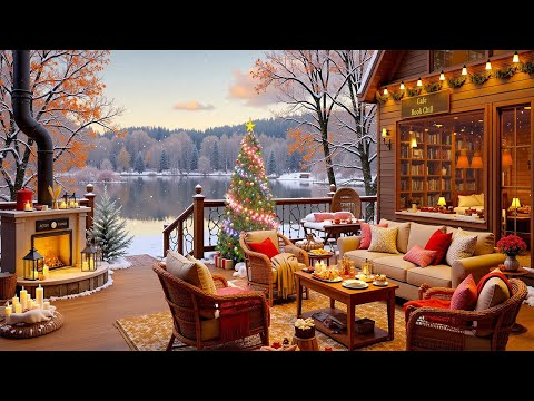 Smooth Winter Jazz Music with Cozy Fireplace - Christmas Coffee Shop by the Lake for Relaxing