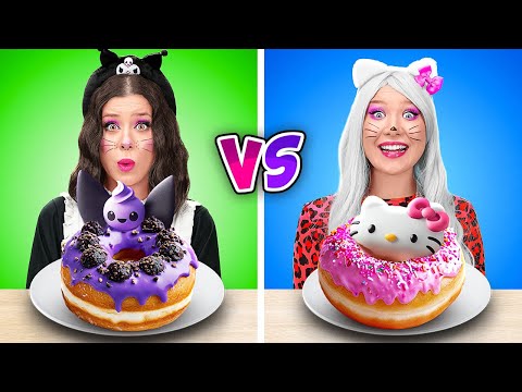 100 LAYERS OF FAMOUS FOOD 💖🖤 Hello Kitty vs. Kuromi! Black vs. Pink Food Challenge by 123 GO FOOD