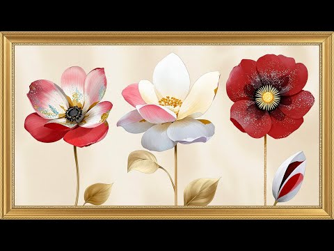 Vintage Red Flowers Painting | Gold Frame Floral Art | 4K Screensaver