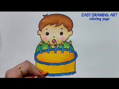 cute boy blowing cake candle drawing & coloring page