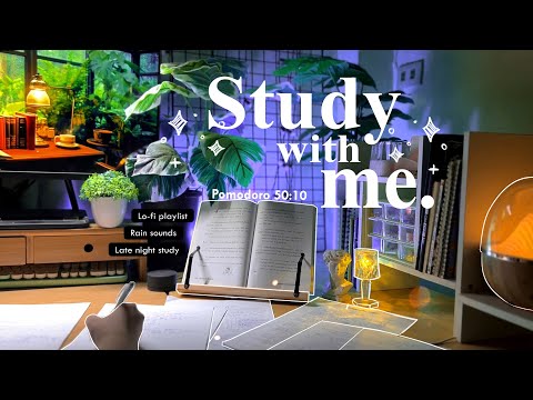 4-HOUR💜Late Night Study With Me • Rain sounds☔ + Lofi bgm • Pomodoro 50-10 • Day124🌙