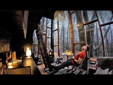 🇧🇪 Relaxing ALONE in a Belgian Treehouse in RAIN [ Solo glam camping ASMR ]