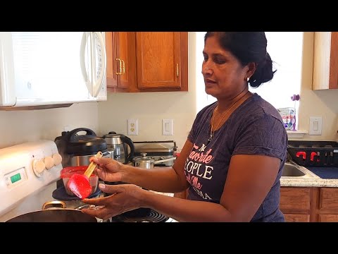 Mom Cooks Dhal, Rice, Fry Caraille, Aloo Choka, Fry Fish & Boil and Fry Dasheen