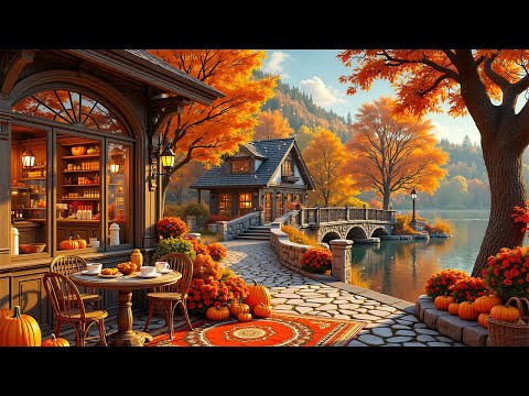 Gentle Jazz Music with Coffee Shop Space Next to the Lake in a Cozy Autumn Ambience