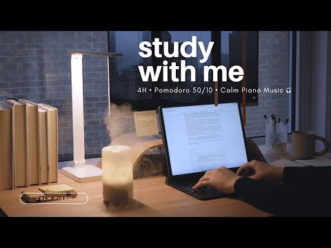 4-HOUR STUDY WITH ME 🎵 RAINY DAY TO NIGHT / Calm Piano Music / Pomodoro 50/10 [Music ver.]