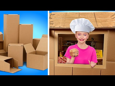 WE BUILT A CARDBOARD RESTAURANT! 🍟🍔 Fun Food & Creative Crafts Out of Cardboard by 123 GO FOOD