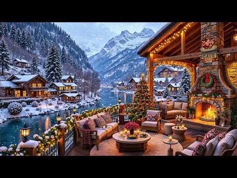 Relaxing Holiday on a Snowy Coffee Terrace❄️ Cozy Fireplace & Smooth Jazz for Perfect Winter Morning