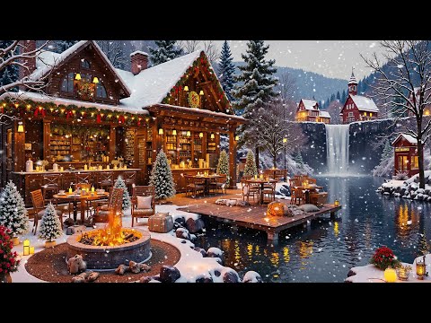 Relaxing Holiday Jazz - Snowing Ambience at Outdoor Winter Coffee Shop Next to the Waterfall