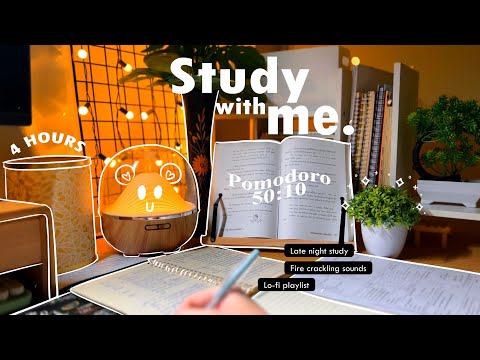 4-HOUR🍊Late Night Study With Me • Fire Crackling 🍃+ Lofi bgm • Pomodoro 50-10 • Day114🌙