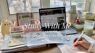 14-HR STUDY WITH ME [Pomodoro 50/10] Cozy study ambience, with Calm music breaks /countdown+alarm