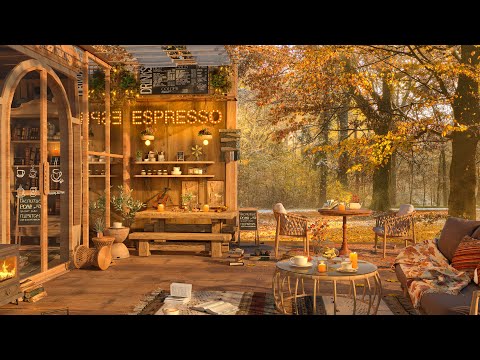 4K Cozy Coffee Shop Autumn Porch - Smooth Jazz Music to Relax/Study/Work to