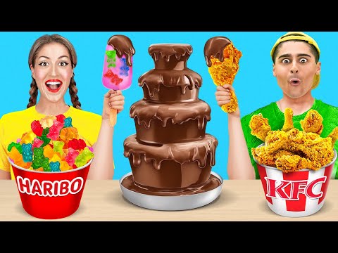 Chocolate Fountain Fondue Challenge! Candy Battle & Weird Food Combination by 123 GO!