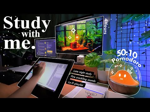 4-HOUR💙💚 Late Night Study With Me • Fire Crackling🕯️+ Lofi bgm • Pomodoro 50-10 • Day119🖥️