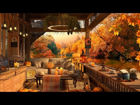 4K Autumn Cozy Coffee Balcony 🍁 Piano Jazz Music for Relaxing, Studying and Working