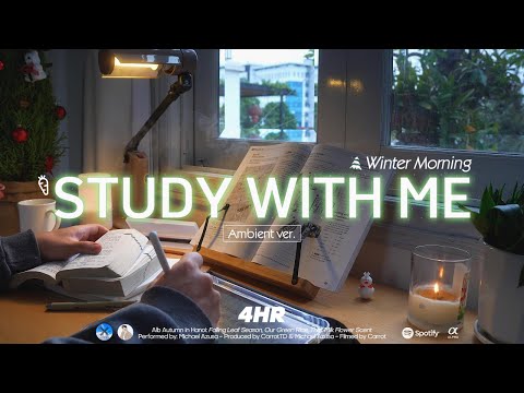 4-HOUR STUDY WITH ME | Ambient ver. Rain Sounds | Pomodoro 50-10 | Winter Morning, Christmas Edition