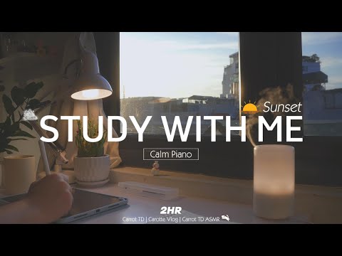 2-HOUR STUDY WITH ME | My room at Sunset | Calm Piano 🎹, Background noises | Pomodoro 25/5