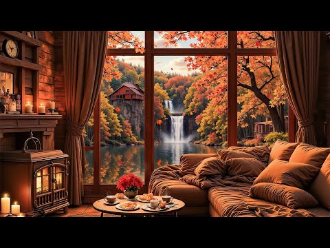 Smooth Jazz Melodies in Warm Autumn Coffee Shop to Enjoy the Quiet Space Watching the Waterfall