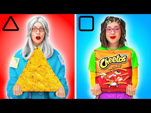 ME VS GRANDMA GEOMETRIC FOOD CHALLENGE *Simple Secret Kitchen Hacks* by 123 GO! FOOD