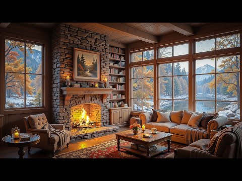 Cozy Reading Nook with Fireplace Sound 🔥 Snowfall, Jazz Music for Relaxation