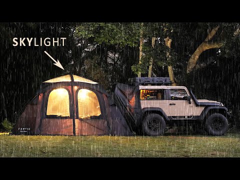 SOLO RAIN Camping in a SKYLIGHT TENT | cozy, relaxing car shelter | ASMR