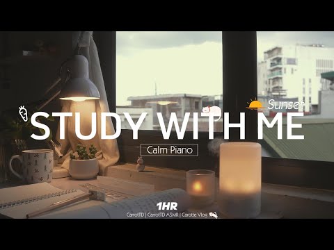 1-HOUR STUDY WITH ME | Calm Piano 🎹, Background noises | Pomodoro 25/5 | My room at Sunset