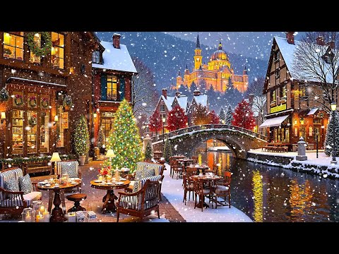 Relaxing Winter Jazz & Snowfall at Outdoor Cafe Shop Ambience - Enjoy the Christmas Atmosphere