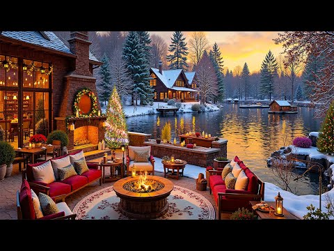 Warm Winter Jazz in the Morning Coffee Porch Ambience with Fireplace Sounds and Watch the Snow Fall