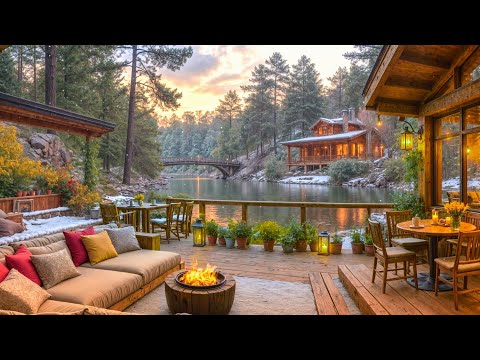 Warm Morning Jazz Music ❄️ Cozy Outdoor Cabin Retreat Ambience with Warm Fireplace Sounds for Relax