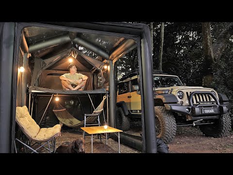 THIS 2-STORY TENT Blew My Mind! 🤯 SOLO Rain forest Camping & Korean BBQ ASMR