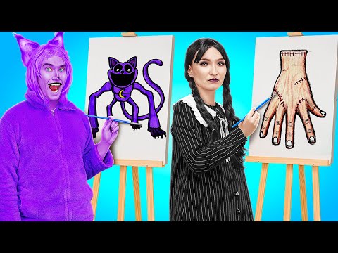 WEDNESDAY vs. CATNAP: EPIC ART CHALLENGE 🎨✨ Easy Hacks to Elevate Your Art Skills by 123 GO FOOD