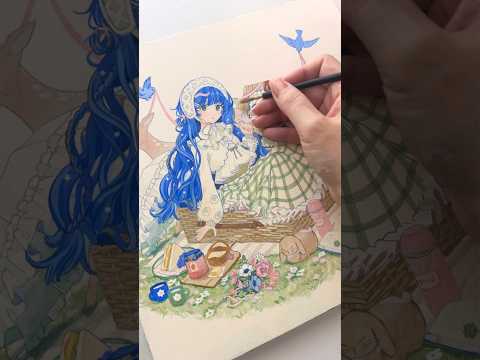 【イラストメイキング】アクリルガッシュでピクニックテーマの女の子を描く【Acrylic painting 】#shorts #イラストメイキング #アクリルガッシュ