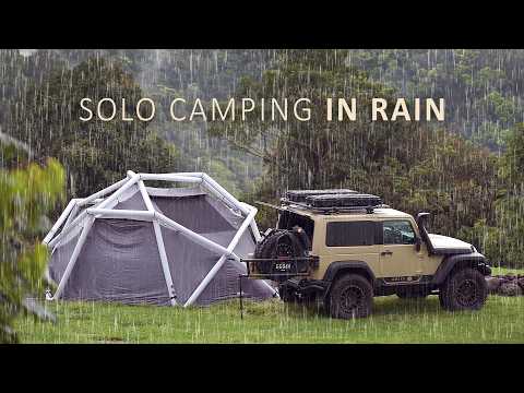 SOLO Relaxing in heavy RAIN [ Cosy Camping setup in an inflatable tent shelter, Rain ASMR ]