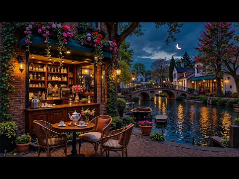 Uplifting Relaxing Jazz - Night Coffee Shop Outside & Tranquil Crisp Spring Ambience