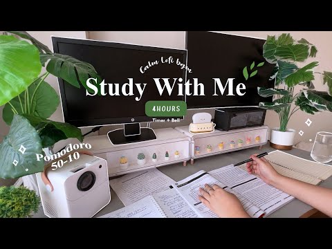 4-HOUR 🤍 Study With Me • Rain sounds☔ + Lofi bgm • Pomodoro 50-10 • Day195🌿