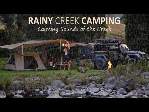 Rain Camping with Jeep Wrangler at a Creek [ campfire cooking, tarp shelter ] SoC Ep.11