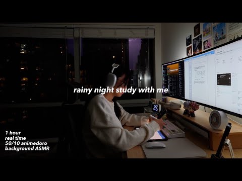 1 HOUR STUDY WITH ME 🌧 real time 50/10 animedoro, rainy night vibes, background noise & no music